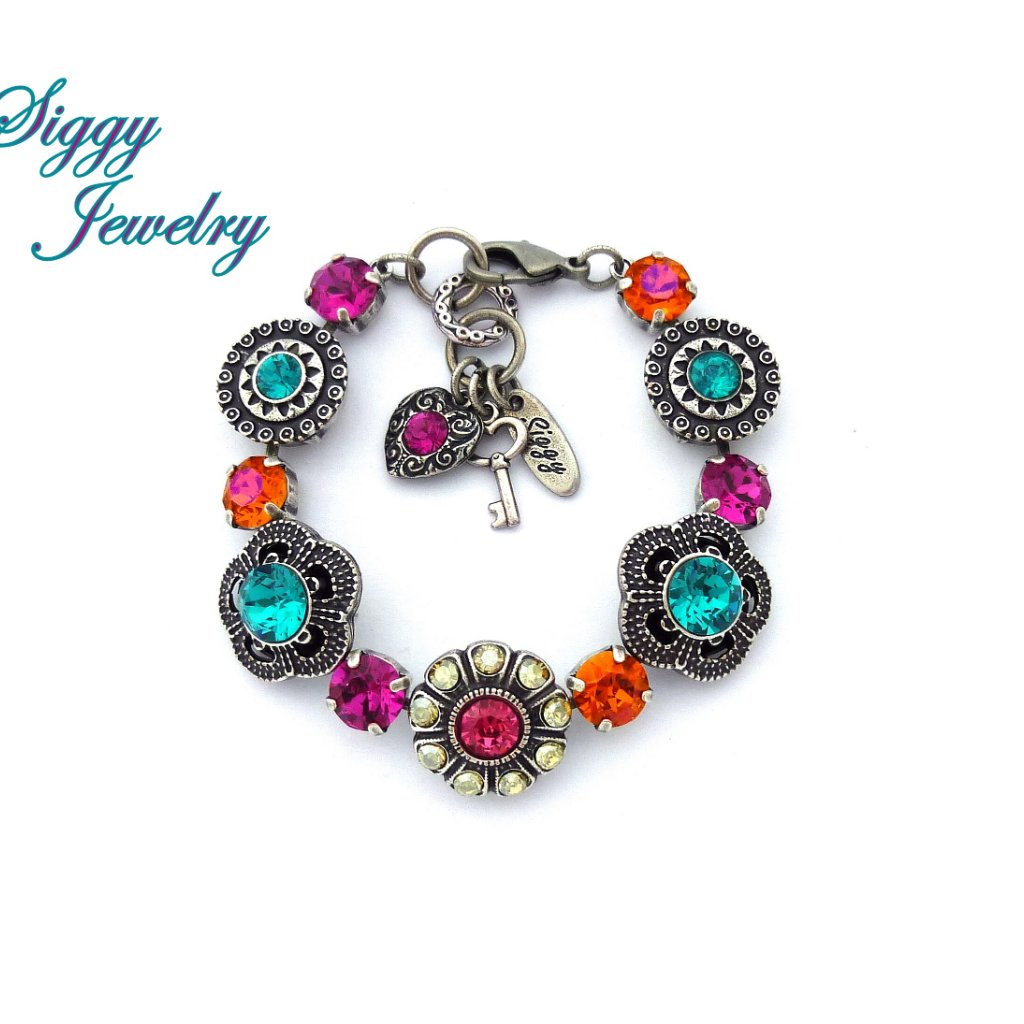 Swarovski Fuchsia Blue And Orange Flower Bracelet